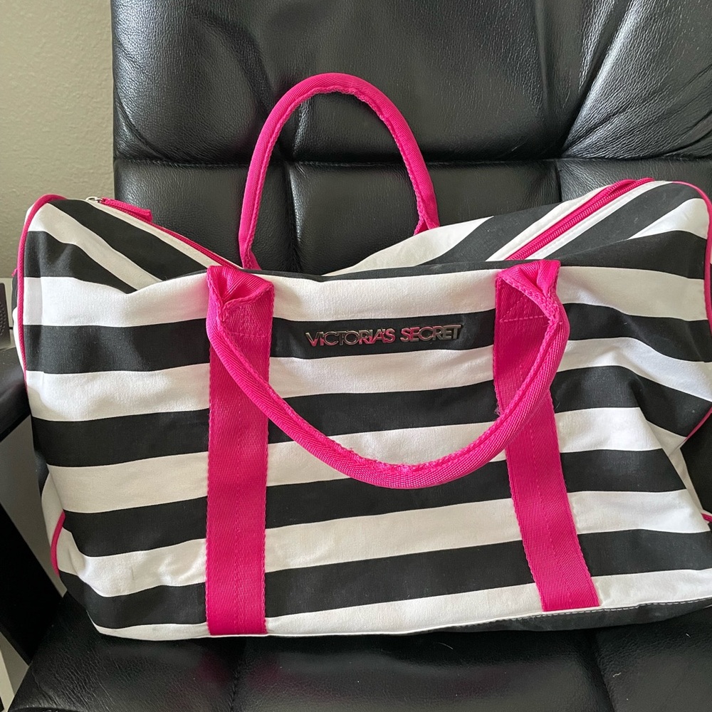 Victoria's Secret Bold Striped Travel Bag with Pink Handles